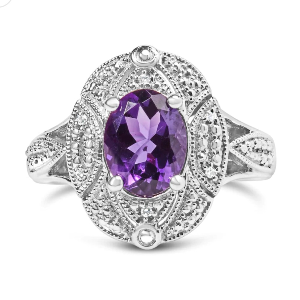 Haus of Brilliance .925 Sterling Silver Amethyst and Diamond Art Deco Ring Sz 5